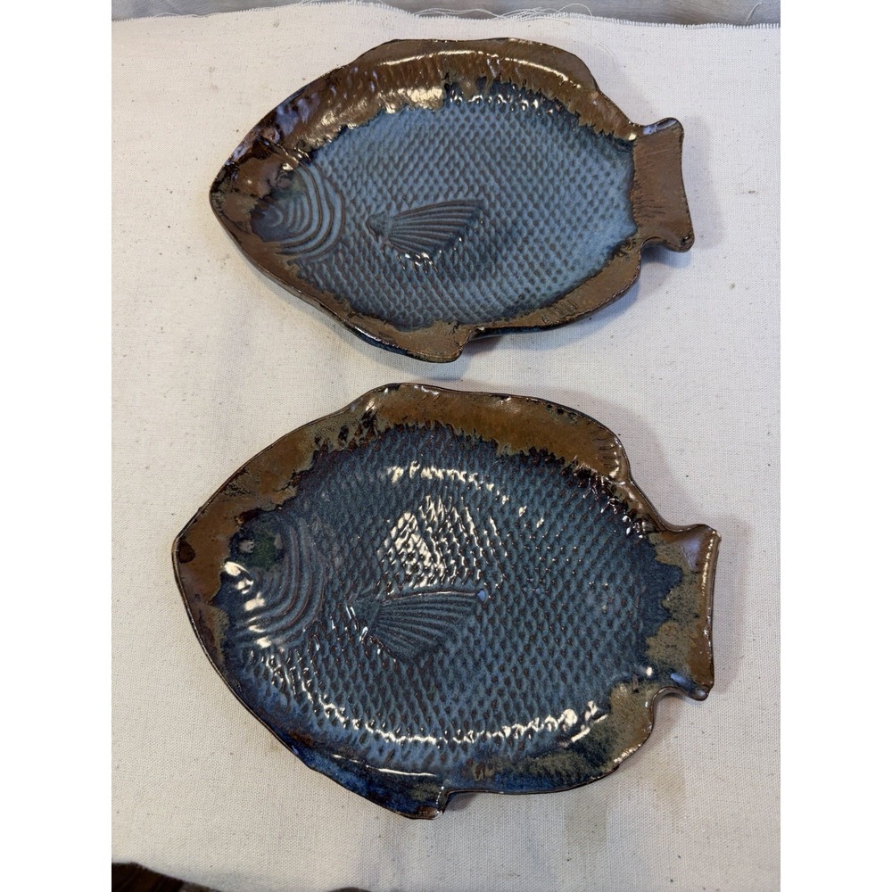 Studio‎ Pottery Fish Dish Pair Signed Paw Mark Coastal Decor Blue Brown